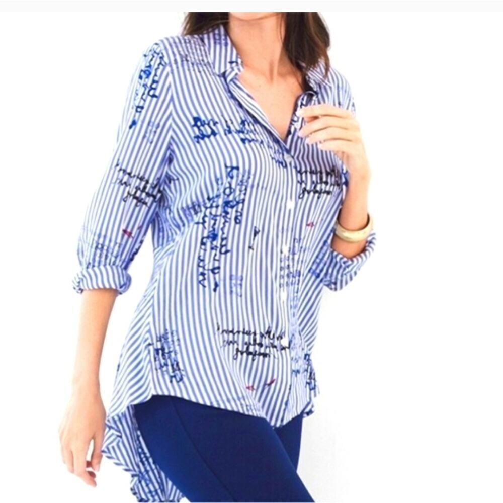 Chico's Women's Blue Striped Button Down Hi-Low‎ Blouse Top Size 0